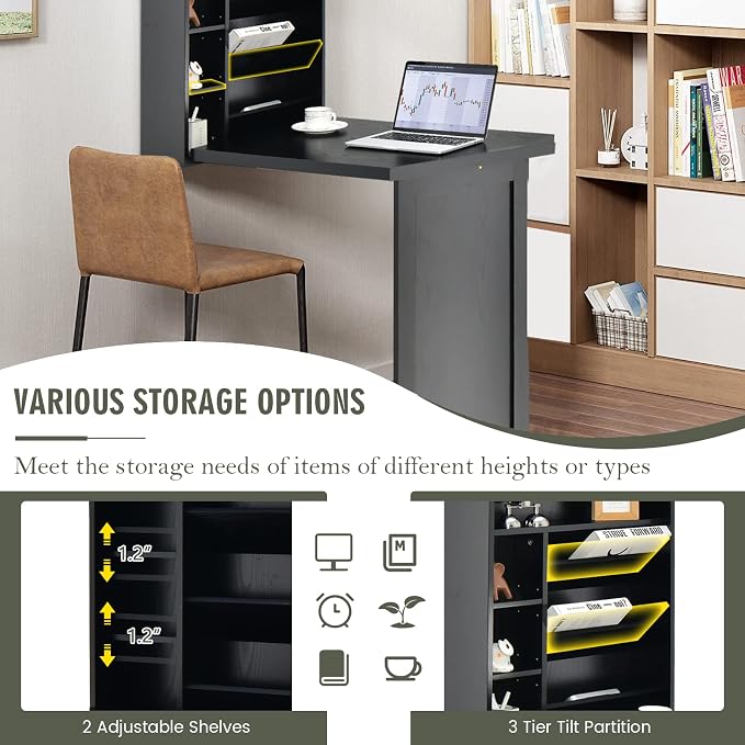 Wall Mounted Desk, Fold Out Convertible Desk with Storage Shelves, Space Saving Wall Folding Table, Home Office Floating Desks for Small Spaces (Black)