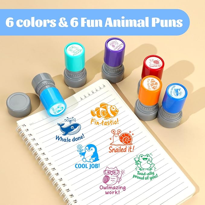 6Pcs Animal Teacher Stamps for Classroom, New Teacher Appreciation Gifts Self Inking Grading Stamps Set, Motivational Reward Stamps, Back to School Essentials for Elementary, Homeschool