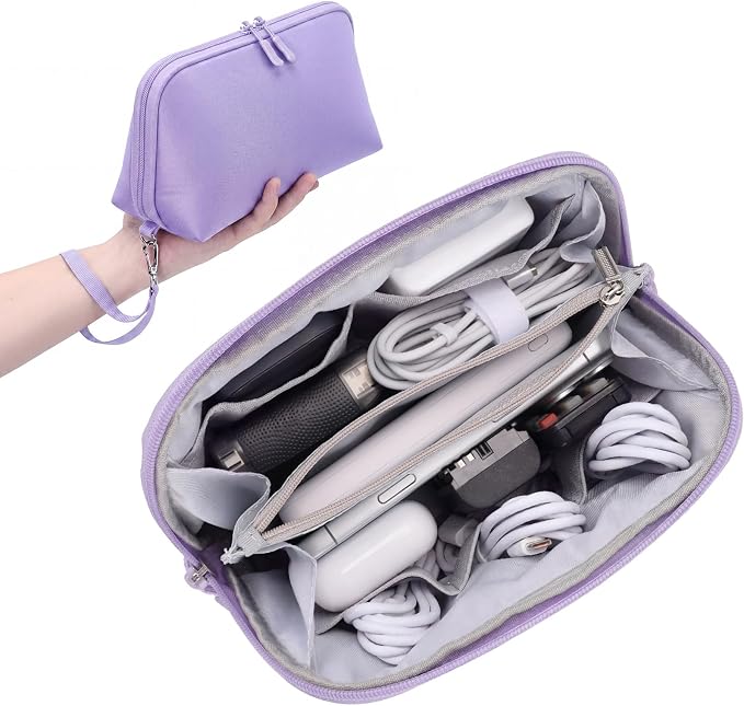FYY Travel Cable Organizer - 8 Compartments Lightweight Water Resistant Tech Pouch with Wrist Strap, Portable Electronic Accessories Case for Cord Charger Storage for Travel Home Office Purple (Large)