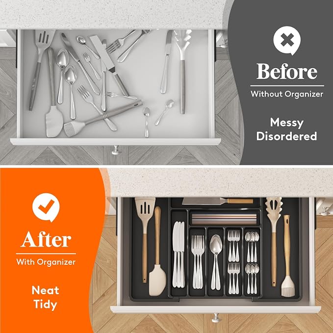 Lifewit Utensil Organizer for Kitchen Drawer, Expandable Cooking Silverware Tray, Adjustable Cutlery Flatware Holder, Plastic Spatula Tools Storage Divider, 13-22.4 x 15", Black