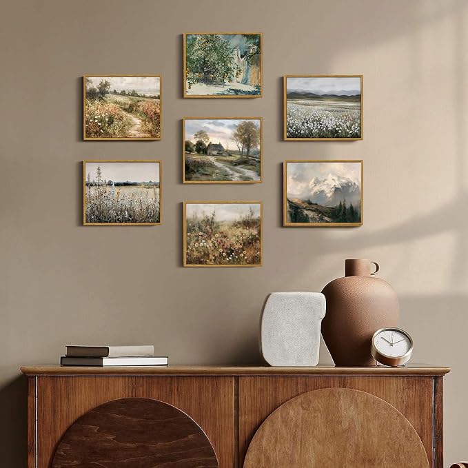OIQArtOIQ Framed Canvas Wall Art,Vintage Decor,Landscape Nature Country Wildflower Paintings Cottagecore Pictures Modern Artwork Rustic Fall Flower Prints Farmhouse Office Living Room Bedroom Bathroom