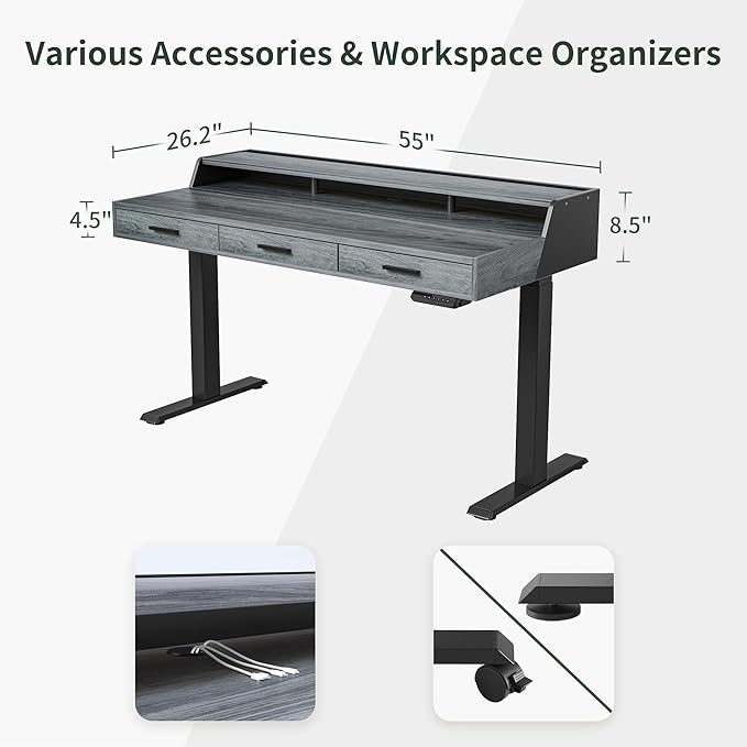 CubiCubi Standing Desk 55x26 Inches with 3 Wood Drawers and Monitor Shelf, Ergonomic Rising Home Office Desks, Height Adjustable Computer Desk, Sit Stand Up Electric Workstation Table, Rustic Grey