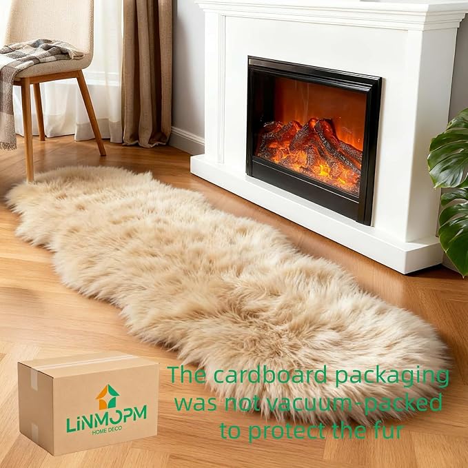 linmopm Faux Fur Sheepskin Rug, Beige, 2x6 ft Runner | Shag Fluffy Fuzzy, High-Density Cushion, For Bedroom Bedside Living Room, Plush Carpet
