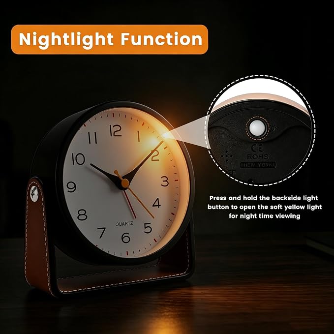 Analog Alarm Clock - 4.5" Silent Non Ticking Small Clock with Light, Rotatable Stand Metal Desk Clock Battery Operated, Simple Design for Living Room Decor/ Bedroom/Bedside/Shelf (Black & Brown)