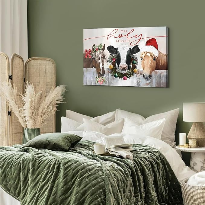 Farmhouse Animals Wall Art Cute Country Farm Horse Cow Canvas Prints Framed Artwork Christmas Accent Decoration for Bedroom Living Room Retro Abstract Barn Poster Xmas Holiday Party Home Decor 32x48