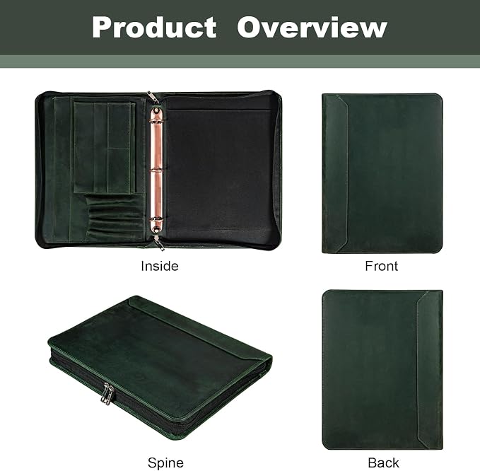 AZXCG Genuine Leather Portfolio Binder for Men& Women,Portfolio Organizer with Zipper,Leather 3 Ring Binder for iPad Pro 12.9,Business Portfolio for Men,Gift for Father's Day