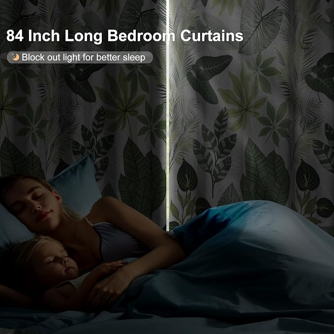 Blackout Curtains 84 Inch Length 2 Panels Set, Tropical Leaves Pattern Printed Thermal Insulated Drapes Noise Reduction Room Darkening Grommet Blackout Curtains for Bedroom Living Room Window