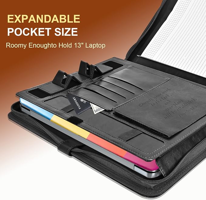 Leather Portfolio for Men and Women – Business Binder Portfolio, Professional Organizer for Men and Women, Christian Gifts, Laptop & iPad Case, Bible Notepad Holder (Black) | Christian Leather Portfolio for Men