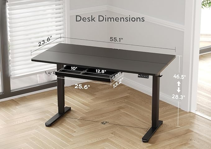 Claiks Electric Standing Desk 55x24 Inch with Drawer Black | Sturdy Steel Frame, 176 Lbs Capacity, 28.35-46.46 Inch Height Adjustable, 3 Preset Buttons, 45 dB Quiet Motor, 2 Hooks