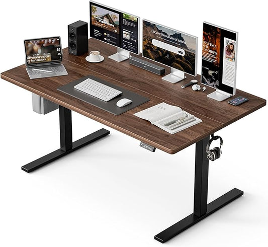 Grandder 47x32 Large Electric Standing Desk, Height Adjustable Computer Desk with 2 Memory Presets, 31.5" Deep Desktop Sit Stand Desk Home Office Desk Workstation Table with Hooks, Walnut