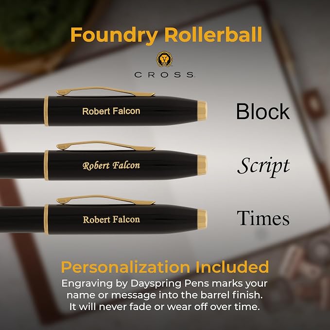Personalized Cross Foundry Rollerball Pen | Engraved Black Lacquer with PVD Gold Trim and Gel Ink | Custom Cross Rollerball for Board Recognition, Corporate Milestones, and Career Advancement