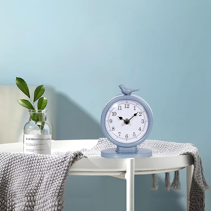 Classic Vintage Analog Mantel Desk Clock, Bright Blue | With Light, Silent Sweep Movement, Decorative Metal, For Living Room Shelf Bedside Home Decor