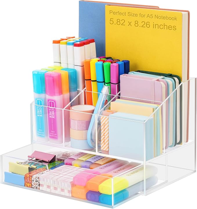 VITVITI Acrylic Desk Organizer, Upgraded Clear Pencil Organizer for Desk, 7 Compartments Stationary Pen Organizer Storage with Drawer, for Office Supply, 500+ Pencils Capacity