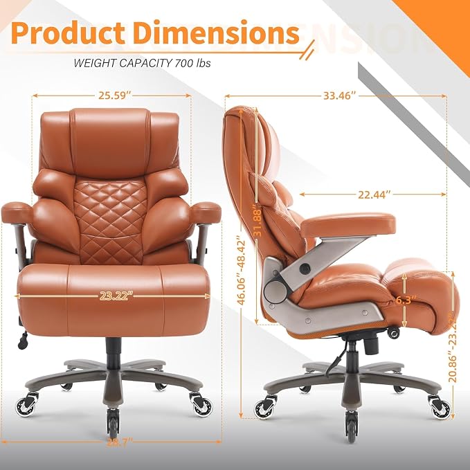 VUZI 700lbs Big and Tall Office Chair, Large Executive Leather Desk Chair | Adjustable Lumbar Support for Back Pain, Plus Size Wheels, 3D Flip Arms, Heavy Duty Metal Base, Wide Seat Computer Chair