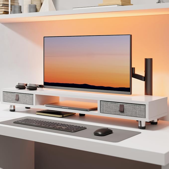 Fenge Dual Monitor Stand, 2-Tier Desk Organizer with Drawers, 42.5in, White | Storage Fabric Drawer, Ergonomic Height Adjustable, Desk Shelf for Top of Desk, Laptop, PC, TV, Home Office Organization
