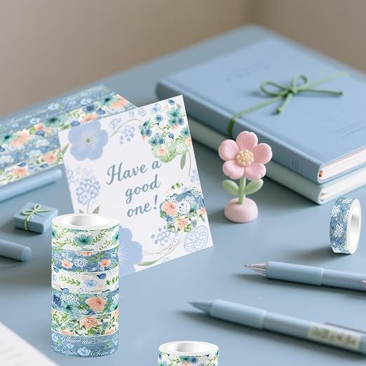 12 Rolls Floral Washi Tape, Blue Rose Flower Masking Tape, Spring Vintage Blue Pink Floral Decorative Tapes for DIY Craft Scrapbooking Journals Planners Gift Wrapping Birthday Party Decor 16.4FT
