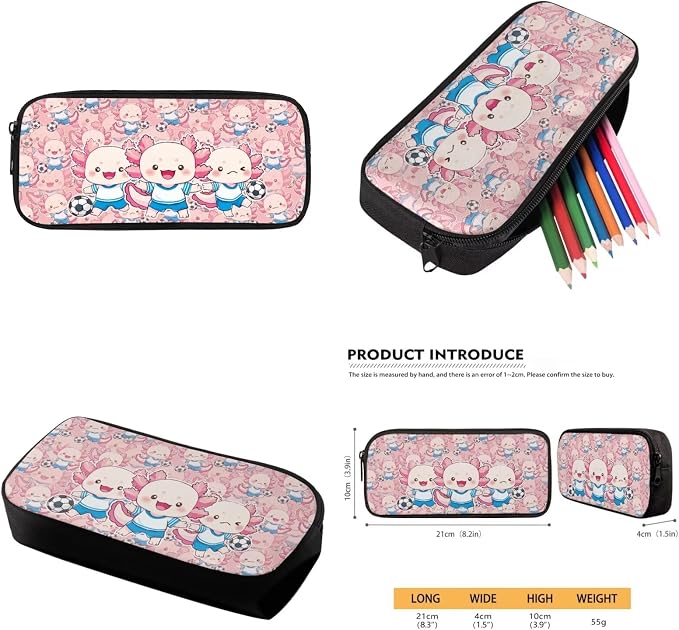 WELLFLYHOM 4Pcs Soccer Axolotl School Backpack for Girls 6-8 Cute Book Bag | Pink Bookbag Kids Schoolbag with Lunchbox Pencil Case Water Bottle Sleeve Girls School Back Pack