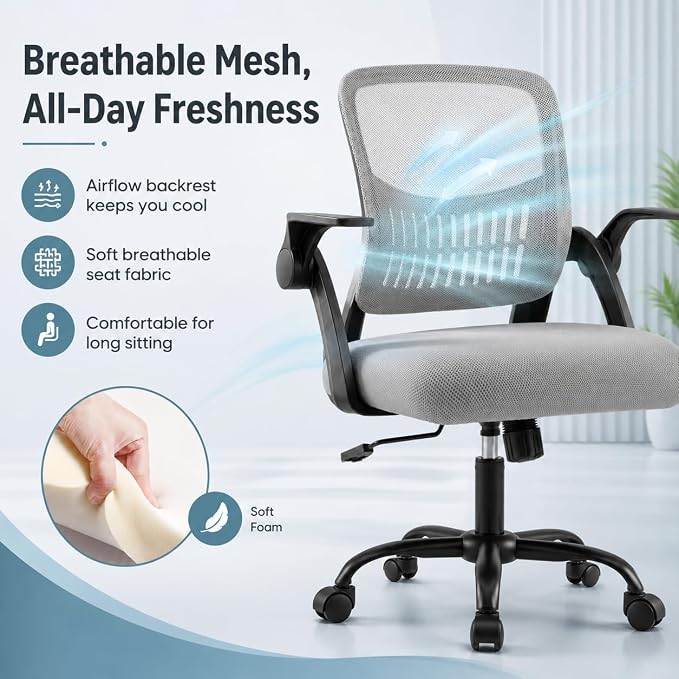 Ergonomic Office Chair, Home Office Desk Chair, Breathable Mesh Desk Chair with Adjustable Lumbar Support and Flip-up Armrests, Game Chairs, 360° Swivel Desk Chairs for Conference, Meeting Room(Grey)