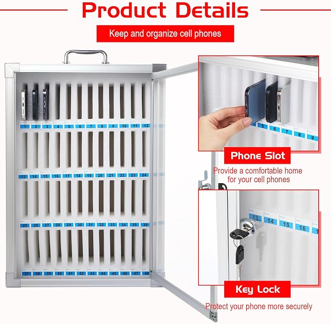 Amylove Cell Phone Locker Cabinet Aluminum Alloy Pocket Chart Storage Locker Box Cabinet Wall-Mounted Cell Phones Storage Box with Handle for Office Classroom Gym(Black,48 Slots)