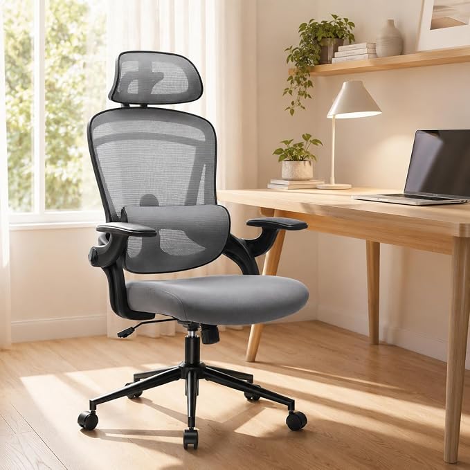 Ergonomic Office Chair, Home Office Desk Chairs with Adjustable Lumbar Support and Headrest, High Back Mesh Computer Desk Chair with 3D Flip-up Armrests & 360° Swivel Wheels, 275 LBS