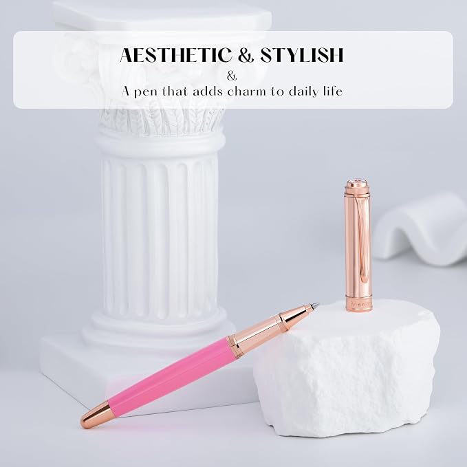 MCNTEIK Luxury Rollerball Pen, With 8mm Brilliant diamond,Vibrant Pink Pen,Attractive Real Rose Gold Finish, Schmidt Black Refill,Glitter Fancy Pens Gifts for Women Wedding Bridesmaid Office,Nice pen
