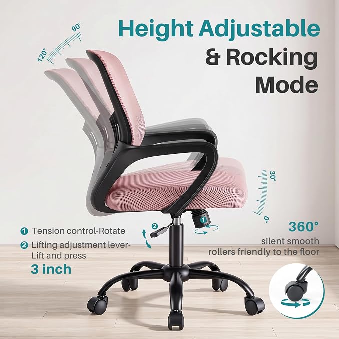 OLIXIS Ergonomic Office Desk Chair, Executive Mid-Back Computer Chair with Comfortable Lumbar Support & Rocking Mode, Height Adjustable with Fixed Armrest, 360° Swivel, for Adults, Pink
