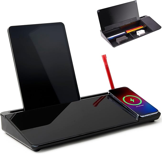 GAROOD Desktop Dry Erase Board with Storage Wireless Charger Black Color Desk White Board Desk Board Glass Desktop Board with Stand Home Office Organizer Phone Holder 15.8X7X2 inches