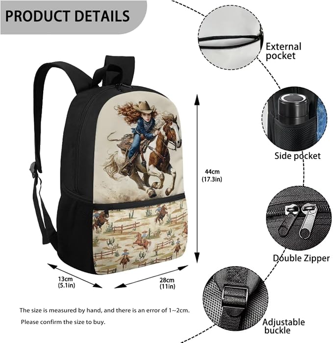 WELLFLYHOM Girls Western Cowgirl Backpack Set 6-8 Kids 4 Pcs Book Bag | Horse School Book Bag Lunch Box Pencil Case Water Bottle Sleeve Beige Elementary Daycare Bag for School Back to School Gift