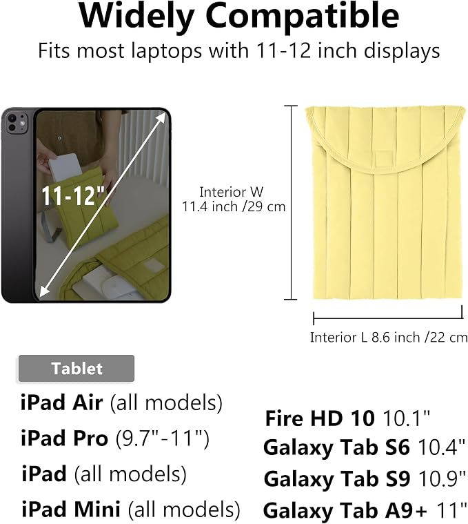 Puffy Laptop Sleeve 11-12 Inch Yellow, Protective Carrying Case for Men and Women, Cute Case Bag Compatible with 11 and 12 Inch Laptops, 10.9" Ipad 10, 10.2" Ipad 7 8 9 in Cover