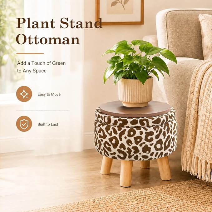 Wimarsbon Storage Ottoman, Modern Round Footrest with Soft Padded Seat, Pattern Velvet Footstool with Wood Legs, Accent Small Table or Plant Stand for Hallway, Living Room (Khaki)