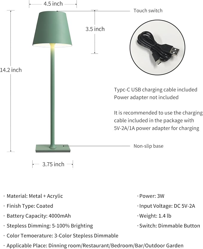 KDG 2 Pack Cordless Table Lamp,Portable LED Desk Lamp, 4000mAh Battery Operated, 3 Color Stepless Dimming Up, for Restaurant/Bedroom/Bars/Outdoor Party/Camping/Coffee Shop Night Light(Green)