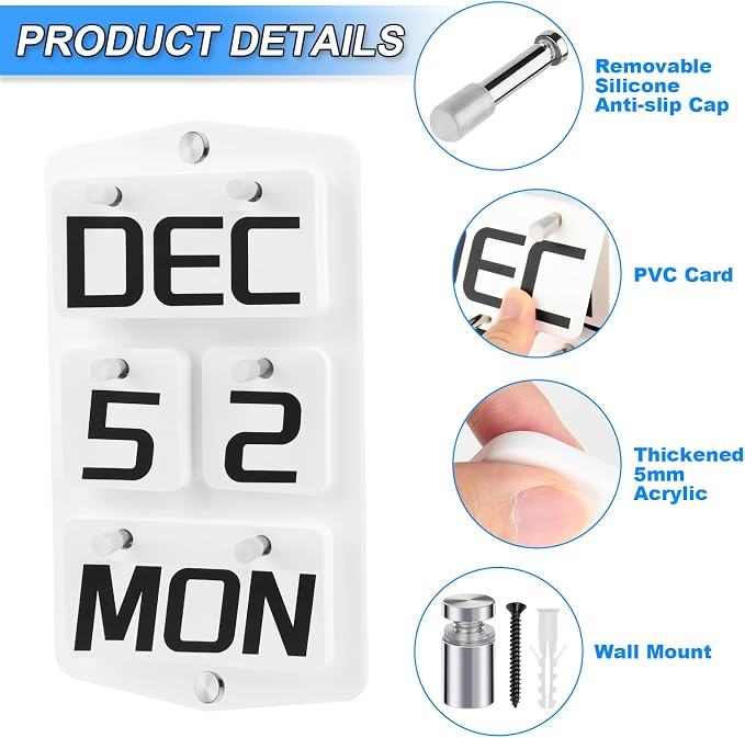 Wall Mount Acrylic CalendarCalendar, Perpetual 2026 Daily Display Calendar, Reusable Yearly Wall Standing Calendars with Wall Hook for Home Office Decor Desk Accessories (White)