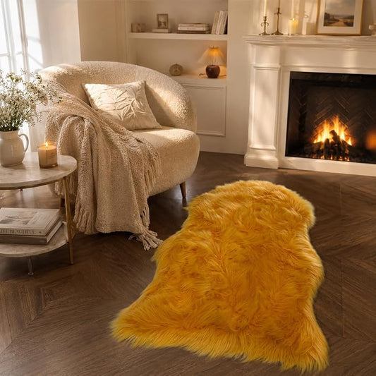 EasyJoy Faux Sheepskin Rug, Fluffy Faux Fur Rug, Ultra Soft Shag Area Rug with Non-Slip Backing for Bedroom, Living Room, Nursery, Kids Room(2 x 3 ft Sheepskin, Golden Yellow)