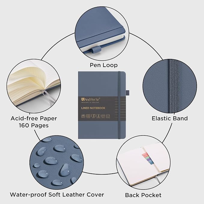 &And Per Se Lined Notebooks Bulk 5-Pack, A5 Hardcover Journal, 160 Pages 100gsm Thick Paper, Classroom Supplies for Students, Teachers, College Ruled Notebooks for School Office (Dark Blue)