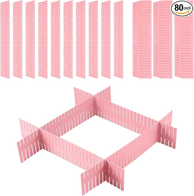 ZOENHOU 80 PCS 14.5 x 2.75 Inch Pink Drawer Dividers, Adjustable Plastic Grid Drawer Divider Organizers for Makeup Drawers Desktop Kitchen Organizers and Storage