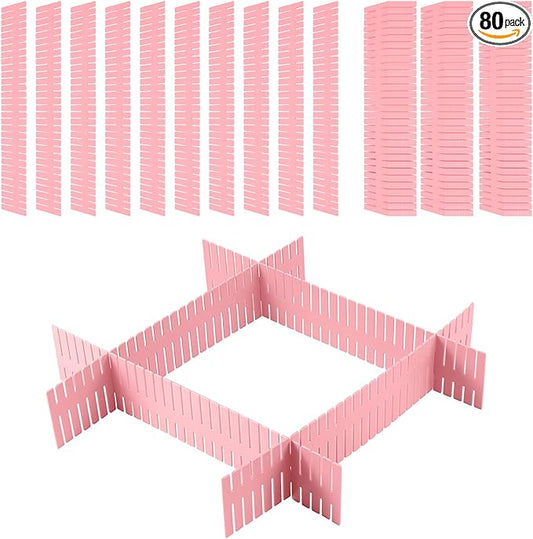 ZOENHOU 80 PCS 14.5 x 2.75 Inch Pink Drawer Dividers, Adjustable Plastic Grid Drawer Divider Organizers for Makeup Drawers Desktop Kitchen Organizers and Storage