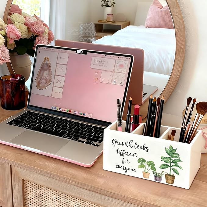 Mental Health Inspirational Pen Holder, Motivational Pencil Holder, Growth Looks Different for Everyone Wooden Box Sign Decorations for Therapy Counselor Office Classroom Desk Tabletop