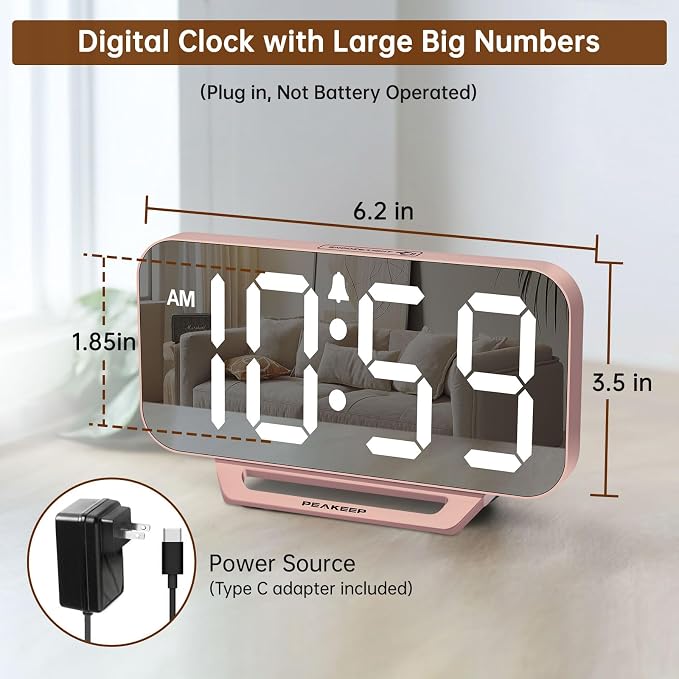 Peakeep Slim Digital Mirror Aesthetic Alarm Clock for Bedrooms Desk Decor | Plug in Electric Big LED Modern Small Clock for Office Living Room, Battery Backup, 6 Dimmers (Rose Gold)