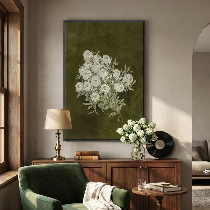 Large Framed Vintage Green Floral Wall Art, Vertical Modern Farmhouse Nature Olive Green Flower Canvas Painting Prints Artwork for Works, Retro Botanical for Living Room Bedroom Wall Decor, 24x36 In