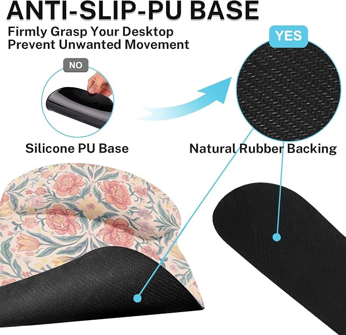 Britimes Pink Floral Vintage Boho Ergonomic Mouse Pad Set with Wrist Rest Non-Slip Rubber Base Wrist Cushion Support and Coasters Mousepad with Wrist Support for Computer Keyboard and Desk