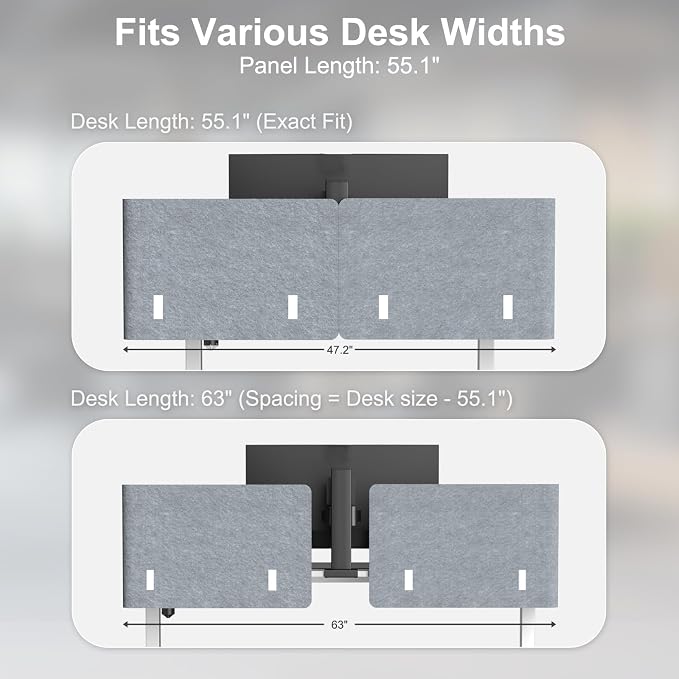 Desk Privacy Panel, 2-Pack L-Shaped Desk Divider, Acoustic Office Partition | Clamp-on 55.2" × 18.7" Grey Felt Panels, Tackable Surface for Notes, Create Private Workspace Reduces Noise, for Home Office