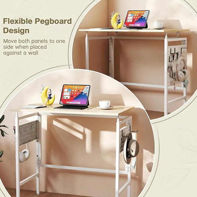 Hadulcet 31'' Foldable Desk, Small Desk with 2 Adjustable Pegboards, Computer Desk for Bedroom or Apartment, Portable Folding Desk for Home Office Work & RV, Folding Desks for Small Spaces, Oak