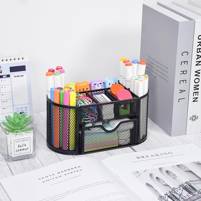 SAYEEC Mesh Desk Organizer Black Pen Holder for Desk Wire Desktop Organizer with 8 Compartments & Drawer Multi-Functional Metal Pencil Cup Caddy Holder Office Supply Storage Organizers for School Home