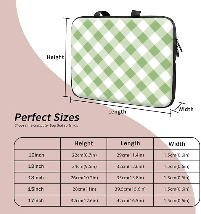 Laptop Sleeve Case Bag 13 inch, Green and White Checkered Slim Carrying Case Handbag Travel Laptop Bag for 13 inch MacBook Air M3/M2/Pro M2/ 13" iPad Pro/Air M4/M2 2024