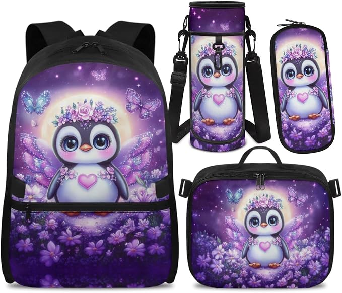 Doojoayie Purple Backpack for Girls Cute Princess Owl School Bags Kids Backpack and Lunch Box Set of 4 Large Capacity Bookbag for Teen Girls Back Back for Kindergarten Student