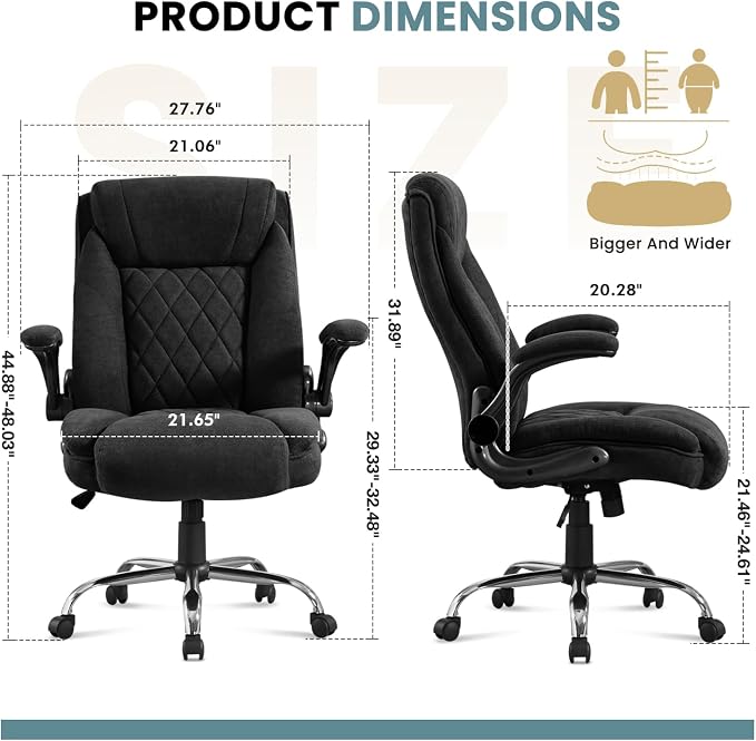 Big and Tall Office Chair 550lbs Heavy Duty Executive Fabric Office Chair with Adjustable Height, Flip-Up Armrests, Wide and Thick Seat Cushion, Comfy Chair for Heavy People, Ideal for Office Work