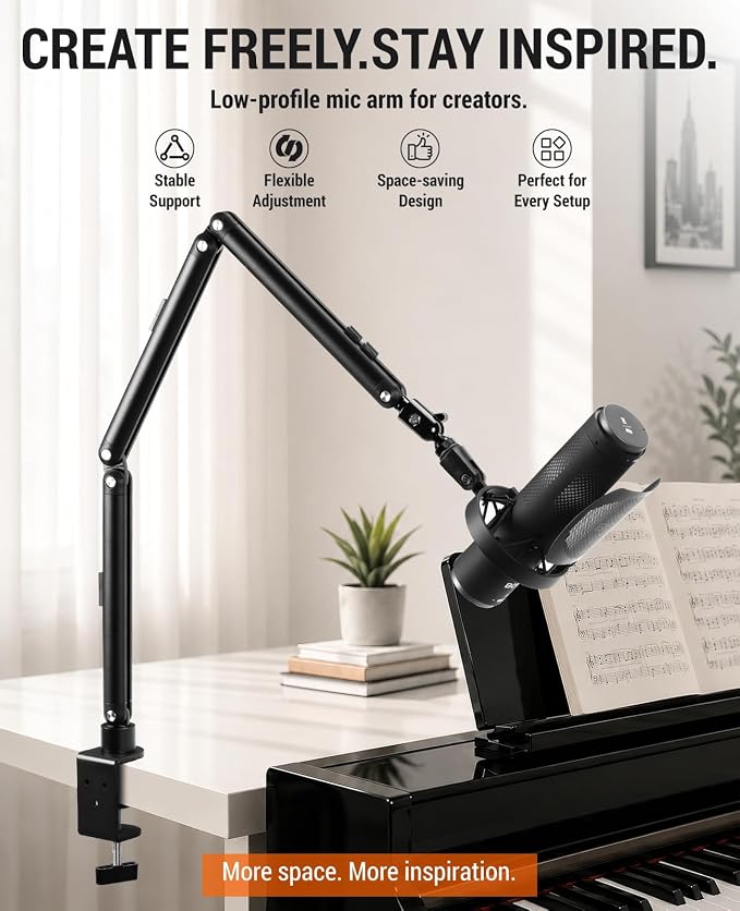Low Profile Mic Arm for Lightweight Mics, Foldable Boom Arm with Desk Clamp, Mic Clip & 1/4" 3/8" 5/8" Adapters, 360° Metal Ball Head for Podcasting, Streaming & Gaming