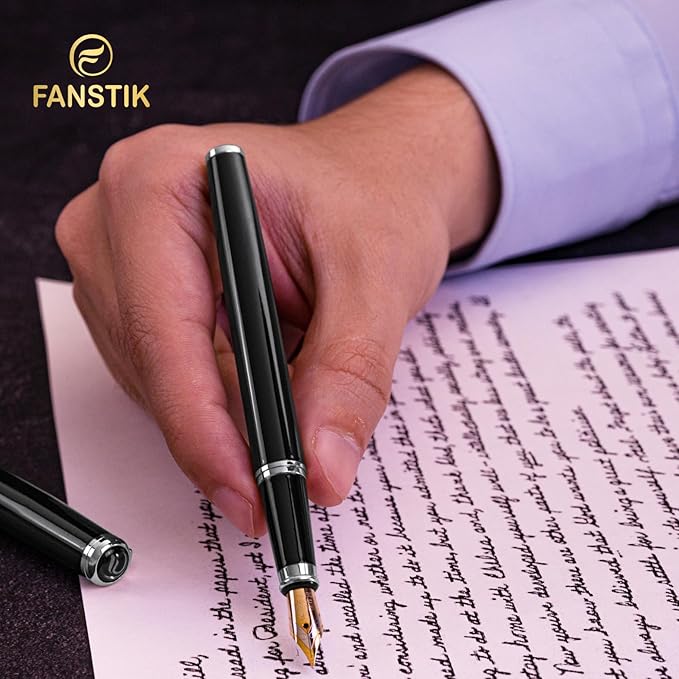 Customized Black & Silver Luxury fountain pen, fancy gift set for women, Chrome Finish, Professional executive pen gift set for men (Lux Custom-fountain Black-Silver)