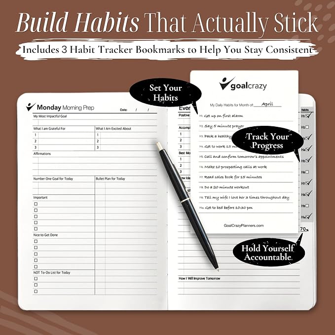 Goal Crazy Undated Daily Planner to Achieve Your Goals - 90 Day Guided Journal & Productivity Organizer with Goal Setting, Habit Tracker, To Do List, Academic & Work Calendar, Leather Hardcover - Brown