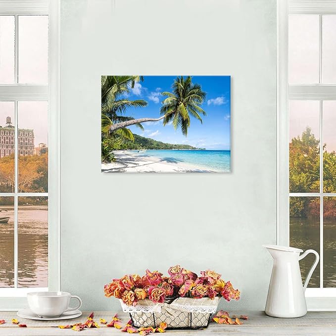 Beach Wall Art Palm Tree Ocean Bathroom Wall Decor Tropical Coconut Palms Natural Landscape Photography Picture Coastal Seascape Canvas Poster Photo Artwork Living Room Bedroom Wall Decoration 12x16in